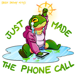 Size: 1000x986 | Tagged: safe, artist:thevoidwalker, amphibian, frog, anthro, cub, cubs only, fat, male, males only, plantigrade, solo cub, solo male, young, arm in front, barefoot, bottomless, caption, clenched fist, clothing, crying, hood down, mobile phone, open hoodie, open legs, phone, raised arm, shorts, solo