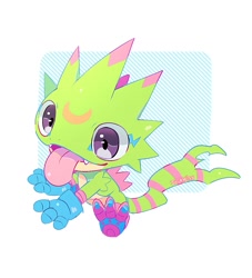 Size: 1095x1204 | Tagged: safe, artist:joltkiss, digimon (species), gekkomon, ambiguous gender, anthro, chibi, semi-anthro, digimon, cel shaded, arm wraps, big eyes, blep, crescent markings, eye markings, fang, forehead marking, gloves, lightning bolt, open legs, open mouth, open smile, sitting, smiling, solo, striped tail, stripes, teeth, tongue out, wraps