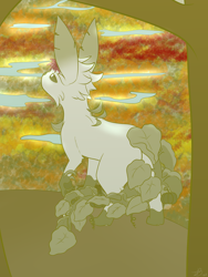 Size: 1500x2000 | Tagged: safe, artist:roguemorpho, oc:isabelle the leafeon, generation 4 pokemon, leafeon, pokemon (species), female, females only, feral, ferals only, solo female, solo feral, pokémon, colored, digital, flat colored, beady eyes, leafy ears, leafy tail, looking up, outdoors, raised foot, rear view, solo, standing