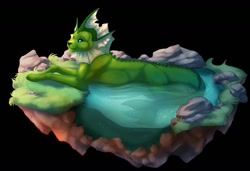 Size: 1280x878 | Tagged: safe, artist:maniccryptid, oc:lazron, eeveelution, generation 1 pokemon, pokemon (species), vaporeon, feral, ferals only, male, males only, solo feral, solo male, pokémon, digital, fully shaded, alternate color, digitigrade, ear frill, fin, frill (anatomy), in water, looking at you, lounging, neck frill, outdoors, partially submerged, pond, side view, solo, tail fin