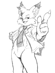 Size: 768x1024 | Tagged: safe, artist:winick-lim, big cat, bobcat, felid, mammal, anthro, cub, cubs only, male, males only, solo cub, solo male, young, lines, monochrome, sketch, 4 fingers, bottomless, claws, clothing, eyebrows, fang, featureless crotch, finger claws, fingers, fur, gesture, looking at you, low-angle view, one arm out, open clothing, open shirt, pointing, shirt, smiling, smiling at you, smug, solo, teeth, tongue, topwear, tuft