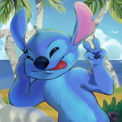 Size: 1500x1500 | Tagged: safe, artist:hornykumiho, stitch, alien, experiment (species), fictional species, anthro, cub, cubs only, male, males only, solo cub, solo male, young, disney, lilo and stitch, beach, beady eyes, blue body, blue fur, blue nose, blue pawpads, claws, daytime, finger claws, flower, fur, gesture, head tuft, large ears, leaning on elbow, leaning on one arm, looking at you, narrowed eyes, notched ear, nudity, outdoors, palm tree, pawpads, plant, seaside, smiling, smiling at you, solo, tongue, tongue out, tree, tuft, v sign