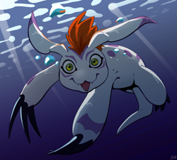 Size: 1719x1555 | Tagged: safe, artist:fizzpop, digimon (species), gomamon, cub, cubs only, feral, ferals only, male, males only, solo cub, solo feral, solo male, young, digimon, 3 fingers, air bubble, claw fingers, excited, fang, featureless crotch, flippers, front view, looking at you, open mouth, open smile, smiling, solo, swimming, teeth, wide eyed