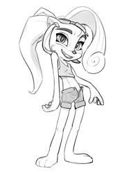 Size: 3500x4900 | Tagged: safe, artist:wugi, coco bandicoot, bandicoot, mammal, marsupial, anthro, cub, cubs only, female, females only, plantigrade, slender, solo cub, solo female, young, young only, crash bandicoot series, monochrome, barefoot, clothing, contrapposto, crop top, flat breasts, full-length portrait, goggles, goggles on head, looking at you, midriff, nervous, nervous smile, one arm down, open fly, short shorts, shorts, smiling, solo, standing, tank top