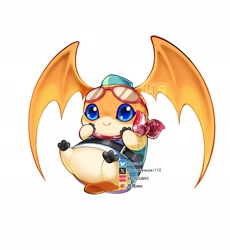 Size: 1887x2048 | Tagged: safe, artist:youzai, digimon (species), patamon, ambiguous gender, chubby, cub, cubs only, feral, solo cub, young, digimon, ascot, belt, blue eyes, clothed feral, clothing, dress, eyewear, featureless crotch, flying, front view, fur, glasses, glasses on head, head wings, headwear, looking at you, neckerchief, orange body, orange fur, smiling, solo, unusual wing placement, wings
