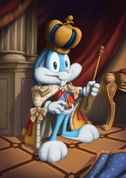 Size: 2480x3508 | Tagged: safe, artist:minum, buster bunny, lagomorph, mammal, rabbit, cub, cubs only, male, males only, solo cub, solo male, young, tiny toon adventures, lineless, barefoot, bottomless, buckteeth, cape, closed smile, clothing, crown, detailed background, ears down, featureless crotch, full-length portrait, gloves, hand on hip, holding object, indoors, long ears, looking at you, posing, royalty, sash, scepter, shirt, smiling, solo