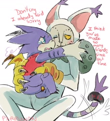 Size: 2000x2200 | Tagged: safe, artist:pirruwan, betsumon (hunters), gumdramon (hunters), betsumon, digimon (species), gumdramon, anthro, cub, male, male/male, young, digimon, digimon hunters, sketch, blushing, clothing, crying, cuddling, dialogue, duo, english text, hammer tail, hug, in lap, kigurumi, motion lines, one eye closed, onesie, open mouth, purple body, scalie, sitting, size difference, tail, talking, text, wagging tail, weapon tail