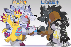 Size: 2000x1333 | Tagged: safe, artist:hikazedragon, digimon (species), gabumon, weregarurumon, anthro, chibi, chubby, cub, young, digimon, digital, alternate color, caption, cartoony, celebration, clenched teeth, closed eyes, facepalming, frown, fur pelt, gaming, group, jumping, side view, tongue out, virtual pets