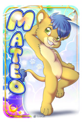 Size: 1200x1800 | Tagged: safe, artist:tavimunk, oc:mateo, big cat, felid, lion, mammal, anthro, cub, cubs only, male, males only, solo cub, solo male, young, digital, blue hair, caption, featureless chest, featureless crotch, hair, hand behind head, looking at you, one arm down, raised foot, solo, toothy grin