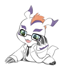 Size: 974x1021 | Tagged: safe, artist:lkiws, gomamon (adventure), digimon (species), gomamon, cub, cubs only, feral, male, males only, solo cub, solo male, young, digimon, digimon adventure, 3 fingers, adjusting glasses, claw fingers, fang, flippers, front view, full-length portrait, glasses, lab coat, necktie, outfit swap, solo, teeth