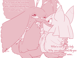 Size: 2000x1500 | Tagged: safe, artist:roguemorpho, oc:gleam the morphomon, oc:pipstrello, chiropmon, digimon (species), morphomon, anthro, female, females only, semi-anthro, digimon, colored, flat colored, monochrome, alternate color, antennae, beady eyes, blushing, duo, embarrassed, eyewear, glasses, hood, hood up, long ears, looking at another, looking at each other, open mouth, pupils, short tail, size difference, standing, text, unusual pupils