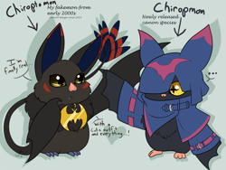Size: 2000x1500 | Tagged: safe, artist:roguemorpho, chiropmon, digimon (species), fakemon, ambiguous gender, cub, cubs only, young, young only, digimon, dialogue, english text, featureless crotch, front view, hood, hood up, large ears, long tail, neck fluff, no fingers, one arm out, one eye obstructed, reaching out, snaggle tooth, standing, talking, winged arms
