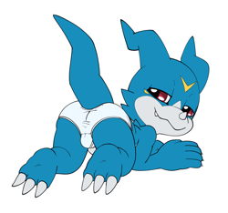 Size: 1568x1468 | Tagged: suggestive, artist:lkiws, digimon (species), veemon, anthro, cub, cubs only, male, males only, solo cub, solo male, young, digimon, colored, digital, flat colored, 5 fingers, ass up, barefoot, bedroom eyes, blue body, blue tail, briefs, briefs only, bulge, bulge from behind, butt, claws, clothing, finger claws, fingers, fleshy horns, horn, looking at you, looking back, looking back at you, on all fours, raised tail, seductive look, snaggle tooth, solo, tail, teeth, topless, underwear, underwear only
