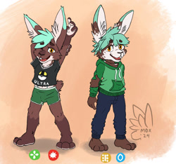 Size: 1280x1196 | Tagged: safe, artist:moxsully, oc:mox, lagomorph, mammal, rabbit, anthro, cub, cubs only, non-binary, plantigrade, solo cub, young, colored, flat colored, aged down, arm behind head, arms up, barefoot, buckteeth, clothing, e621 dnp, eyebrow through hair, front view, holding arm, hood down, hoodie, long ears, looking at you, midriff peek, multiple outfits, multiple poses, one eye closed, pokemon merch, pokemon shirt, shirt, short shorts, shorts, solo, stretching, sweatpants, t-shirt