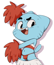 Size: 622x759 | Tagged: suggestive, artist:dandi, gumball watterson, cat, felid, mammal, anthro, cub, cubs only, male, males only, solo cub, solo male, young, the amazing world of gumball, cel shaded, bulge, cheerleader outfit, clothing, front view, looking at you, midriff, miniskirt, navel, nervous, nervous sweat, nudity, open mouth, open smile, pom poms, posing, skirt, skirt down, smiling, solo, spread arms, standing, tank top, thong, underwear, wardrobe malfunction, whiskers