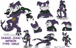 Size: 1650x1031 | Tagged: safe, artist:kaijucryptid, oc:samael the impmon, digimon (species), impmon, anthro, cub, cubs only, male, males only, slender, solo cub, solo male, young, digimon, colored, flat colored, reference sheet, action pose, anthrofied, belly marking, biohazard symbol, dodging, expression avatar, expressions, featureless crotch, fingerless gloves, front view, full-length portrait, gesture, glaring at you, hands on hips, looking at you, one arm out, open mouth, raised index finger, rear view, running, scarf, sharp teeth, smiling, solo, standing, studded bracelet, talking, teeth, toothy grin, unimpressed