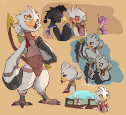 Size: 2048x1870 | Tagged: safe, artist:sun-marie, harth, saki (tloz), teba, avian, rito, anthro, slender, teen, teens only, young, young only, legend of zelda, sketch, sketch page, aged down, avian legs, beak, blushing, bow and arrow, clenched fist, feather fingers, feather hair, front view, full-length portrait, glaring, leather armor, posing, proud, solo, teasing, trio, winged arms