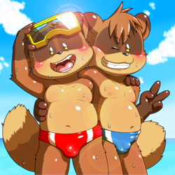 Size: 1500x1500 | Tagged: safe, artist:nakayan, oc:tama komori, oc:taro komori, canid, mammal, tanuki, cub, cubs only, fat, male, males only, young, young only, alternate version, digital, adjusting glasses, alternate version at source, arms around each other's back, balls, beach, blush lines, blush stickers, brothers, bulge, clothing, dripping water, duo, front view, gesture, goggles, goggles on head, moobs, naughty face, nipples, nudity, one arm up, open mouth, open smile, seaside, siblings, smiling, speedo, standing, swimsuit, tight clothing, toothy grin, topless, v sign, wet
