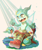 Size: 1752x2103 | Tagged: safe, artist:vidard, chibomon, digimon (species), veemon, anthro, cub, cubs only, slender, waddling head, young, young only, digimon, boots, clenched fist, closed eyes, clothing, collar, eating, evolutionary family, fang, food, fruit, giving food, holding food, insect wings, jumping, looking at partner, looking down, looking down at partner, open mouth, open smile, pants, shoes, sitting, size difference, smiling, solo focus, spread arms, teeth, topless, tree stump, trio