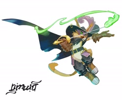 Size: 1920x1571 | Tagged: safe, artist:nimadj, digimon (species), nyabootmon, anthro, cub, cubs only, male, males only, solo cub, solo male, young, young only, digimon, action pose, arm wraps, belt, billowing, boots, cape, cat teaser, clothing, featureless chest, featureless crotch, footwear, fur, gloves, green eyes, handwear, hat feather, holding weapon, jumping, long tail, mask, melee weapon, one arm out, rapier, shoes, smiling, solo, sword, weapon, wielding weapon, wraps, yellow body, yellow fur