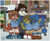 Size: 2442x2002 | Tagged: safe, artist:poorsal, oc:james salamandre, amphibian, avian, bird, canid, dog, mammal, mountain bluebird, mustelid, otter, salamander, songbird, adult, anthro, cub, male focus, young, series:first day of first grade, colored, flat colored, age difference, background character, beak, classroom, detailed background, dress shirt, fully clothed, gesture, group, group portrait, open mouth, open smile, polo shirt, school, shoes, shorts, size difference, smiling, sneakers, student, teacher, toothy grin, v sign, waving at you