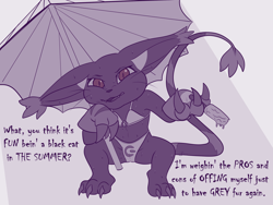 Size: 2000x1500 | Tagged: safe, artist:roguemorpho, oc:nimda, blackgatomon, digimon (species), cub, cubs only, female, females only, solo cub, solo female, young, digimon, colored, flat colored, alternate color, barefoot, beach umbrella, bikini, english text, finger claws, front view, gloves, holding food, holding popsicle, holding umbrella, in shade, large ears, long tail, looking at you, open legs, popsicle, sitting, solo, sweating, talking, talking to you, toe claws, too hot