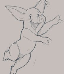 Size: 749x865 | Tagged: safe, artist:dandi, piglet, mammal, pig, suid, anthro, cub, cubs only, male, males only, solo cub, solo male, young, disney, winnie the pooh, monochrome, sketch, 2 fingers, barefoot, big ears, blushing, bulge, clothing, looking at you, navel, open mouth, open smile, running, skimpy outfit, smiling, solo, spread arms, thong, topless, underwear