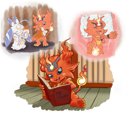 Size: 1200x1080 | Tagged: safe, artist:thornorosemary, coronamon (time stranger), lunamon (time stranger), coronamon, digimon (species), lunamon, anthro, cub, cubs only, female, male, semi-anthro, young, young only, digimon, digimon story: time stranger, brother, chest fluff, closed eyes, diary, drooling, duo, eating, featureless crotch, flaming tail, flashback, food, from above, front view, hand to face, head on pillow, high-angle view, meat, multiple scenes, one eye closed, open legs, saliva, siblings, sister, sitting, sleeping, solo, standing, thinking, writing