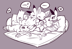 Size: 2000x1357 | Tagged: safe, artist:rathmutatio, oc only, oc:cilantro the agumon, oc:kiyomi the kudamon, oc:manzana the abra, oc:rissoti the pikachu, abra, agumon, digimon (species), generation 1 pokemon, kudamon, pikachu, pokemon (species), anthro, chubby, cub, cubs only, female, feral, male, semi-anthro, slender, young, young only, series:soothean adventures, digimon, pokémon, lines, arm around shoulders, casual nudity, closed eyes, collar, crossed arms, featureless crotch, group, group nudity, hands on chest, head on arms, holding drink, in bed, leaning back, looking at another, nipples, nudity, on front, open legs, open mouth, pillow, rebus bubble, sitting indian style, speech bubble, stomach nipples, story in description, talking, tea