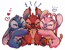Size: 2048x1558 | Tagged: safe, artist:mochigome, angel (lilo and stitch), leroy (lilo and stitch), stitch, alien, experiment (species), fictional species, ambiguous gender, anthro, chubby, cub, cubs only, female, male, semi-anthro, young, young only, disney, lilo and stitch, 4 toes, anger, annoyed, antennae, arms in front, beady eyes, blue body, blue fur, blue pawpads, blush lines, blushing, bodily fluids, chest tuft, claws, clenched teeth, closed eyes, ears, ears down, ears up, eyes closed, featureless crotch, feet, finger claws, front view, fur, grey pawpads, group, happy, head tuft, heart, hug, markings, narrowed eyes, notched ear, nudity, open legs, open mouth, open smile, pawpads, pink body, pink fur, purple markings, purple pawpads, red body, red fur, red nose, sharp teeth, sitting, smiling, snarling, sweat, teeth, toes, trio, tuft