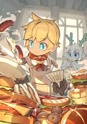 Size: 2476x3508 | Tagged: safe, artist:koken, oc:arga, oc:naruchi, dragon, eastern dragon, furred dragon, human, mammal, mythological creature, anthro, boy, boys only, cub, cubs only, male, males only, young, young only, apron, cooking, detailed background, food, fried egg, front view, frying pan, fully clothed, fur, gloves, looking at another, morning, neckerchief, nervous, nervous sweat, sandwich, sausage, smiling, solo focus, spatula, standing, under covers, waking up
