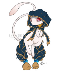 Size: 900x1040 | Tagged: safe, artist:endivinity, generation 1 pokemon, mew, pokemon (species), ambiguous gender, cub, feral, semi-anthro, young, pokemon mystery dungeon, pokémon, 3 fingers, 3 toes, arms in front, clothed feral, featureless chest, featureless crotch, front view, full-length portrait, hood, hood up, hooded cloak, levitation, long tail, looking at you, solo, wide hips