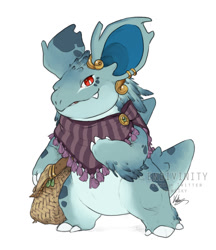 Size: 900x1040 | Tagged: safe, artist:endivinity, generation 1 pokemon, nidorina, pokemon (species), cub, cubs only, fat, female, females only, feral, semi-anthro, solo cub, solo female, young, pokemon mystery dungeon, pokémon, colored, fully shaded, 3 fingers, 3 toes, anthrofied, brooch, claw fingers, claw toes, clothed feral, ear cuff, earring, featureless chest, featureless crotch, front view, full-length portrait, hand to chest, looking at you, one arm down, shawl, shoulder bag, snaggle tooth, solo, wide stance