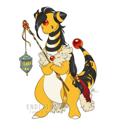 Size: 1100x1200 | Tagged: safe, artist:endivinity, ampharos, generation 2 pokemon, pokemon (species), feral, semi-anthro, pokemon mystery dungeon, pokémon, beady eyes, cape, digitigrade, featureless chest, featureless crotch, front view, full-length portrait, holding stick, ineffective clothing, lantern, long neck, looking down, mane, neck fluff, nudity, standing, tail orb, weapon tail, wide hips