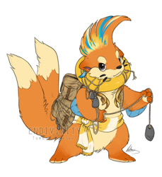 Size: 1000x1091 | Tagged: safe, artist:endivinity, buizel, generation 4 pokemon, pokemon (species), ambiguous gender, cub, cubs only, feral, semi-anthro, solo cub, young, pokémon, backsack, balls, earring, featureless chest, featureless crotch, front view, holding object, looking at you, mohawk, net, rope, sash, solo, standing, two tails, wide stance