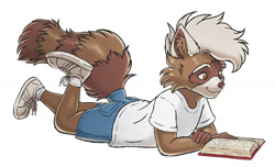 Size: 1591x970 | Tagged: safe, artist:kammy kay, oc:pewter patch, mammal, procyonid, raccoon, anthro, boy, boys only, cub, cubs only, male, males only, solo boy, solo cub, solo kid, solo male, young, book, clothing, fully clothed, hair, on floor, on front, raised foot, reading, shirt, shoes, shorts, side view, smiling, sneakers, solo, t-shirt, white hair