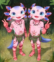 Size: 1814x2048 | Tagged: safe, artist:kochi662368621, axo, amphibian, axolotl, anthro, boy, boys only, cub, cubs only, male, males only, plantigrade, slender, young, young only, fortnite, barefoot, duo, external gills, fang, front view, gesture, grass skirt, jewelry, looking at you, looking up, looking up at you, musk clouds, navel, necklace, one arm down, open mouth, open smile, outdoors, siblings, smiling, smiling at you, sweat, teeth, tribal, tribal markings, twins, v sign
