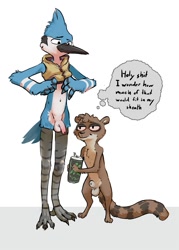 Size: 709x989 | Tagged: suggestive, artist:mindkog, mordecai, rigby, avian, bird, blue jay, corvid, mammal, procyonid, raccoon, songbird, adult, anthro, cub, male, males only, slender, young, regular show, avian feet, avian legs, balls, beak, bottomless, casual nudity, clothing, digitigrade, duo, english text, fantasizing, feather fingers, feathers, flaccid, foreskin, front view, full frontal nudity, full-length portrait, fur, genitals, hiked up shirt, holding can, holding drink, imagination, intact penis, looking at another, looking at genitalia, looking at penis, navel, nudity, penis, profanity, sheath, sheathed, size difference, standing, tail, tail feathers, text, thought bubble, tired, topwear, unretracted foreskin, winged arms