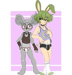 Size: 2950x3050 | Tagged: suggestive, oc only, oc:lunno feltzer, oc:rafaello bunn, koala, lagomorph, mammal, marsupial, rabbit, anthro, boy, cub, male, plantigrade, slender, young, alternate version at source, arms down, barefoot, blushing, blushing at you, briefs, bulge, contrapposto, cream fur, crossed ankles, duo, eyebrow through hair, fingerless gloves, fishnet armwear, fishnet clothing, fishnet tank top, front view, glasses, gray fur, hand on chest, hand on hip, large ears, looking at you, midriff, navel, nervous, nervous sweat, nipples, no pants, posing, seductive look, see-through, socks without shoes, spiked collar, standing, tank top, underwear
