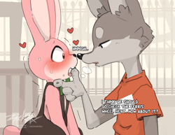 Size: 1622x1251 | Tagged: suggestive, artist:zackary911, robbie the rabbit, canid, lagomorph, mammal, rabbit, wolf, adult, adult/cub, adult/young, anthro, anthro/anthro, cub, male, male/male, males only, slender, silent hill, age difference, amusement park, blushing, bodily fluids, bowtie, buckteeth, clothing, dialogue, drooling, duo, e621 dnp, english text, finger in mouth, fur, half-length portrait, heart, hearts around head, nervous, nervous sweat, open mouth, outdoors, overall shorts, overalls, panting, pink body, pink fur, predator/prey, saliva, seducing, shaking, shirt, shorts, side view, standing, sweat, t-shirt, text, topless, trembling