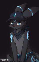 Size: 1920x3072 | Tagged: safe, artist:snowstormbat, oc:orby, eeveelution, generation 2 pokemon, pokemon (species), umbreon, anthro, cub, cubs only, male, males only, slender, solo cub, solo male, twink, young, pokémon, anthrofied, arms in front, ball cap, blue eyes, blushing, briefs, bulge, clothing, half-length portrait, hat, looking at you, markings, navel, neckerchief, open mouth, solo, topless, underwear