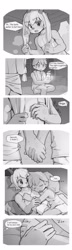 Size: 1240x4282 | Tagged: safe, artist:koken, oc only, oc:arga, oc:naruchi, dragon, eastern dragon, furred dragon, human, mammal, mythological creature, anthro, athletic, boy, boys only, cub, cubs only, males only, plantigrade, slender, young, young only, edit, fully shaded, monochrome, antlers, barefoot, close-up, clothing, comic, couple, crossed leg, dialogue, drying off, duo, fantasy, finger to chin, fur, holding hands, holding object, in bed, nervous, nervous sweat, on back, on side, romantic, sitting, sitting on bed, sleeping, snoring, solo, speech bubble, standing, tail fluke, talking, thought bubble, topless, towel around neck, towel around waist, towel only, undershirt, underwear only