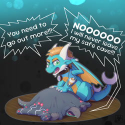 Size: 1495x1495 | Tagged: safe, artist:n1k0, oc only, oc:azdrag, oc:n1k0, dragon, mythological creature, cub, cubs only, feral, ferals only, male, males only, young, young only, 4 fingers, arguing, collar, dialogue, duo, english text, faceless character, faceless male, hiding, hiding under covers, horns, membranous wings, on floor, on front, on haunches, open mouth, speech bubble