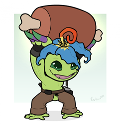 Size: 1884x1956 | Tagged: safe, artist:flytermo, oc:shrub the palmon, digimon (species), palmon, anthro, male, males only, semi-anthro, solo cub, solo male, digimon, colored, flat colored, arms up, barefoot, chaps, clothing, crotchless clothing, featureless crotch, fingerless gloves, front view, full-length portrait, holding above head, holding food, meat, open mouth, open smile, smiling, snaggle tooth, solo, topless, wide stance