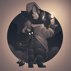 Size: 3000x3000 | Tagged: suggestive, artist:battler, rem (deadlock), avian, fantastical species, fictional species, gryphon, mythological creature, anthro, cub, cubs only, fat, male, males only, solo cub, solo male, waddling head, young, deadlock, fully shaded, assisted exposure, barefoot, beak, black body, black fur, black tail, black tail tuft, bottomless, butt, candle, clothing, clothing lift, digitigrade, empty eyes, exposing partner, feet, full-length portrait, fur, glowing eyes, hat, headwear, holding candle, holding object, mouth closed, nightcap, nightgown, nighttime, nudity, pajamas, pillow, rear view, serious, skyline, sleepwear, soles, solo, standing, star, starry sky, tail, tail tuft, tiptoes, topwear, tuft