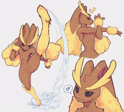 Size: 1918x1736 | Tagged: safe, artist:nnt, generation 4 pokemon, lopunny, pokemon (species), anthro, athletic, male, males only, slender, solo male, twink, pokémon, fully shaded, sketch page, action pose, black sclera, clenched hands, featureless chest, full-length portrait, half-length portrait, headshot, kicking, long ears, looking at you, looking away, lop ears, multiple poses, navel, rebus bubble, solo, speech bubble, stretching, wide hips