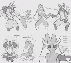 Size: 1700x1504 | Tagged: safe, artist:nnt, generation 4 pokemon, humanoid, lopunny, lucario, pokemon (species), male, slender, twink, pokémon, colored, flat colored, monochrome, aura, batman fandom, blocking, confused, dialogue, duo, ears up, english text, featureless chest, featureless crotch, fighting, front view, full-length portrait, half-length portrait, kicking, long ears, lop ears, meditating, meditation, meme, mobile phone, offering food, open legs, phone, profanity, scared, sharing food, showing, sitting, sitting indian style, sleeping, sparring, speech bubble, sweat, text, three-quarter portrait, training, wide eyed