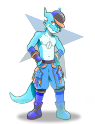 Size: 1681x2192 | Tagged: safe, artist:vidard, raidramon, anthro, male, males only, slender, solo male, twink, digimon, fully shaded, anthrofied, ball cap, clothing, fingerless gloves, full-length portrait, hands on hips, hat, khakis, nipples, posing, shoes without socks, solo, standing, tilted head, topless, winking