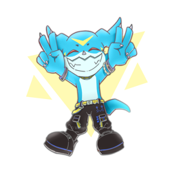 Size: 1920x1920 | Tagged: safe, artist:vidard, digimon (species), veemon, cub, cubs only, male, males only, solo cub, solo male, young, digimon, closed eyes, clothing, double v sign, featureless chest, fleshy horns, front view, full-length portrait, gesture, khakis, shoes, solo, toothy grin, topless, v sign