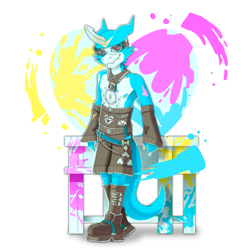 Size: 1920x1920 | Tagged: safe, artist:vidard, digimon (species), flamedramon, anthro, athletic, male, males only, solo male, digimon, abs, anthrofied, arm warmers, boots, clothing, detached collar, fleshy horns, haramaki, japanese clothing, leaning against furniture, looking at you, nipples, paint splatter, pecs, shoes, shorts, smiling, snaggle tooth, solo, sunglasses, topless, wraparound sunglasses